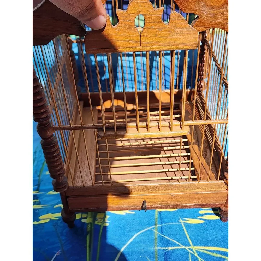 Vintage Asian Wooden Bird Cage Teak or Bamboo Bird Cage 19th Century W/ Tray